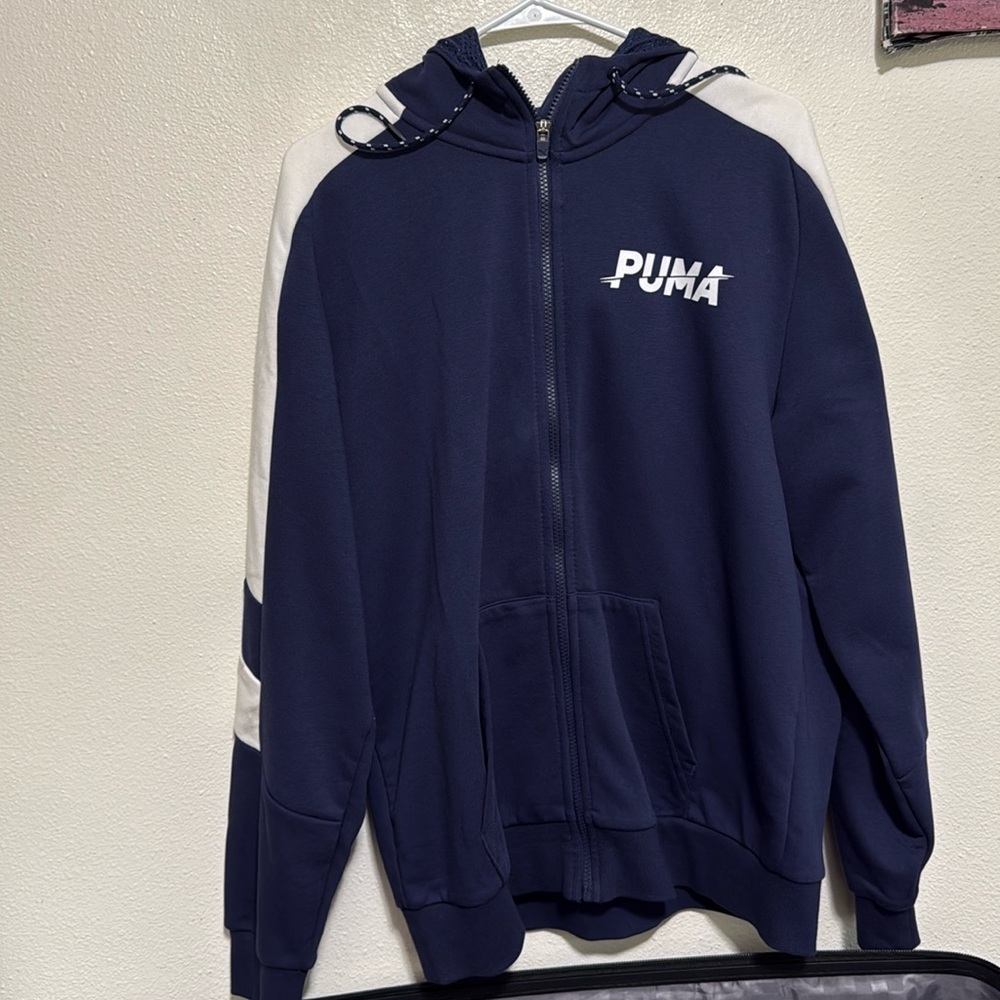 Puma Dark Blue and White Zip-Up Hoodie